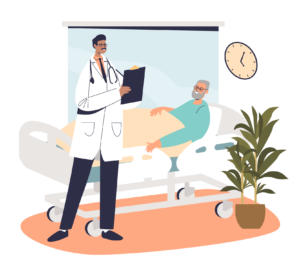 Cartoon graphic of male medical professional standing near older male patient in hospital-style bed