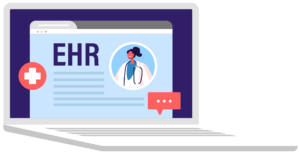 Cartoon graphic of an open laptop displaying "EHR" and a female medical professional