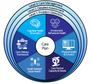 Illustration of the 6-part model for comprehensive dementia care that was created by Dr. Soo Borson